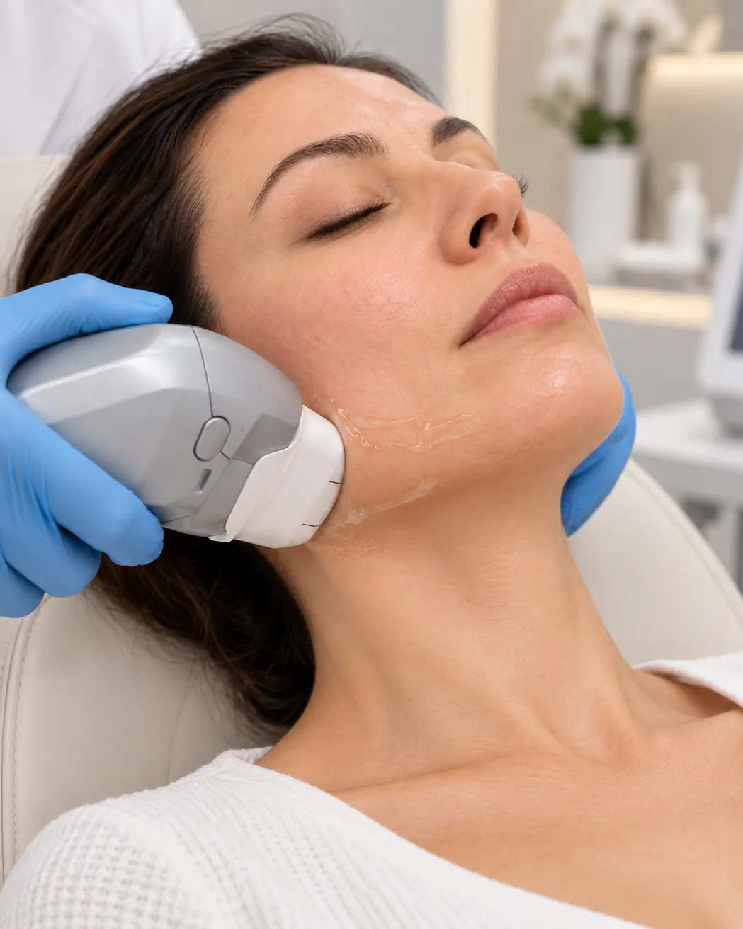 Sessão de ultrassom microfocado no rosto de uma paciente